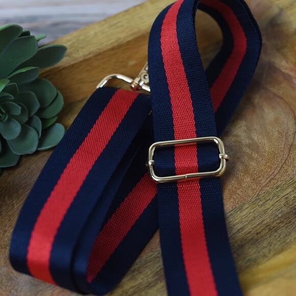 Navy Blue Red Preppy Stripe Adjustable Crossbody Bag Purse Guitar Strap - Picture 4 of 4